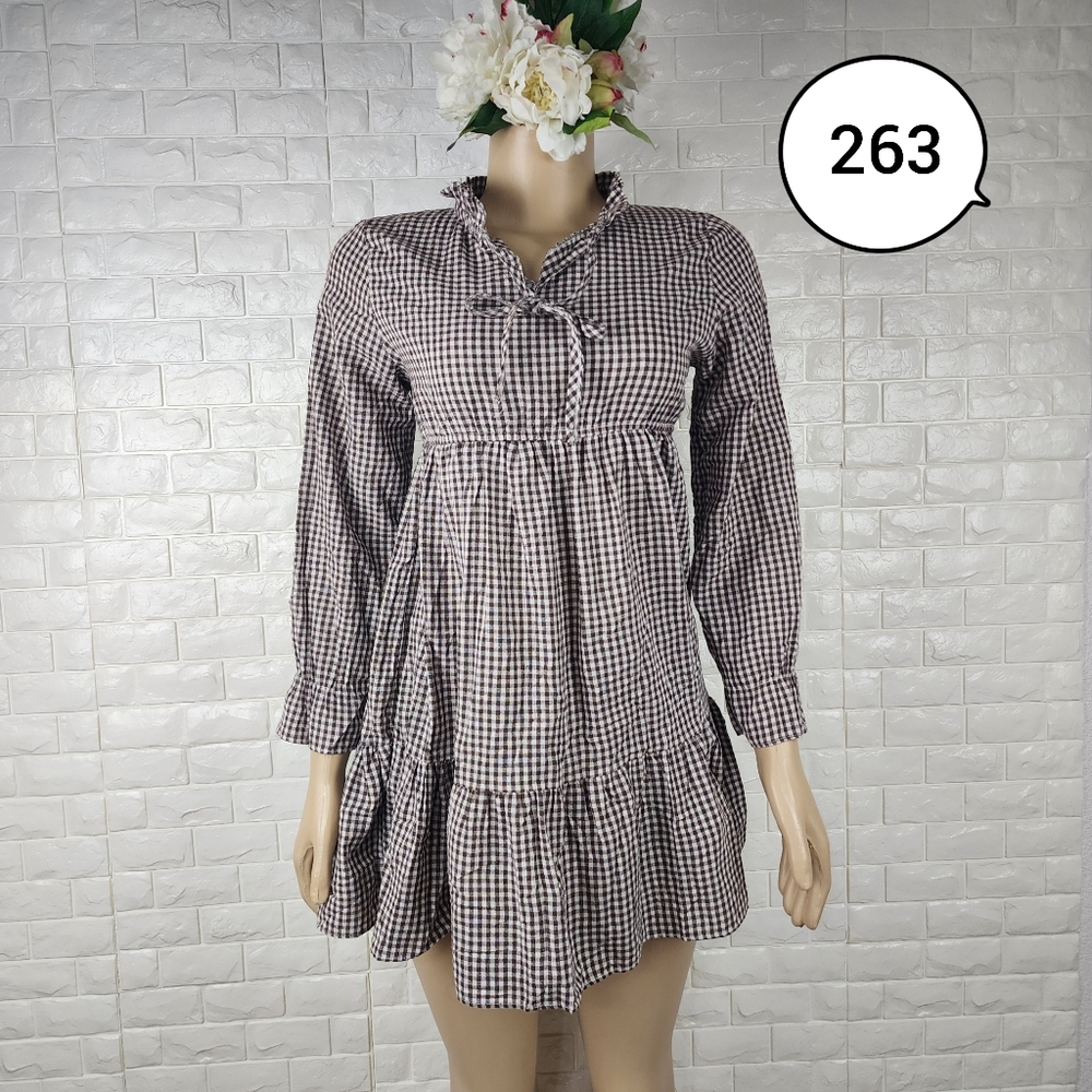 YBYB Small Brown Plaid Mini Dress – Long Sleeve Casual Cute Dress